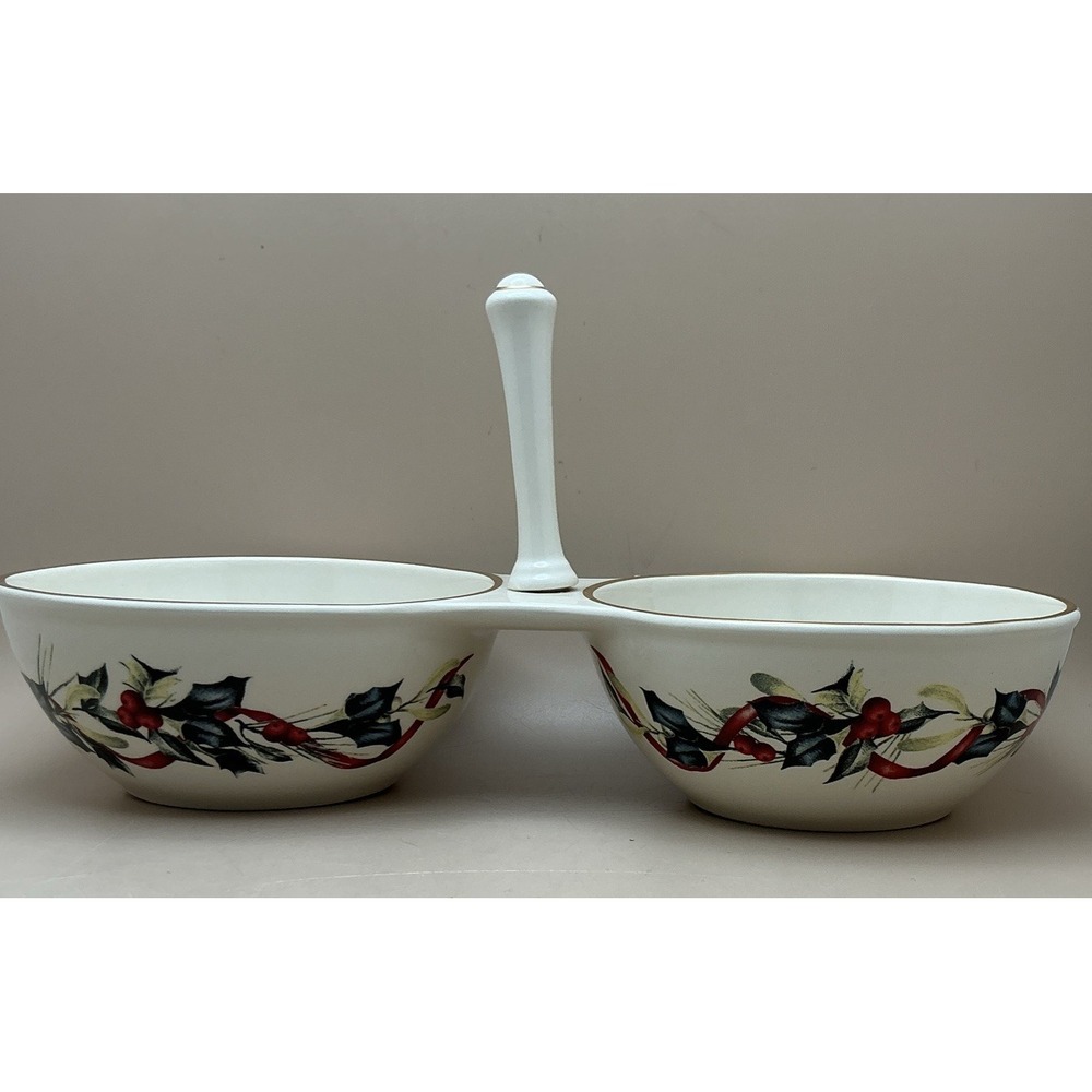 Lenox Winter Holiday Greetings Ivory Porcelain Double Bowl Condiment/Dip‎ Server